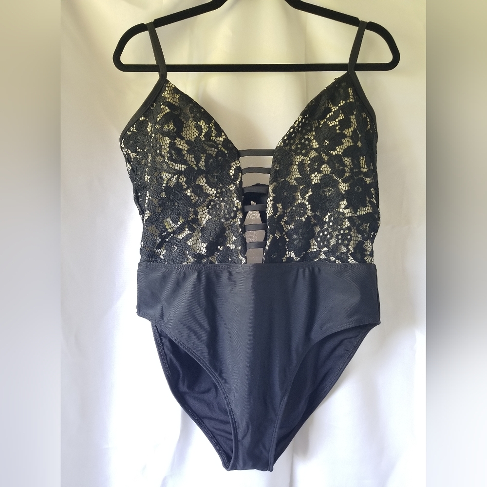 VENUS Black Lace One-Piece Swimsuit with Plunge Straps